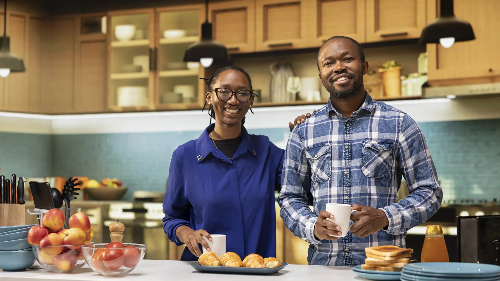 Couple smiling together in their kitchen at home